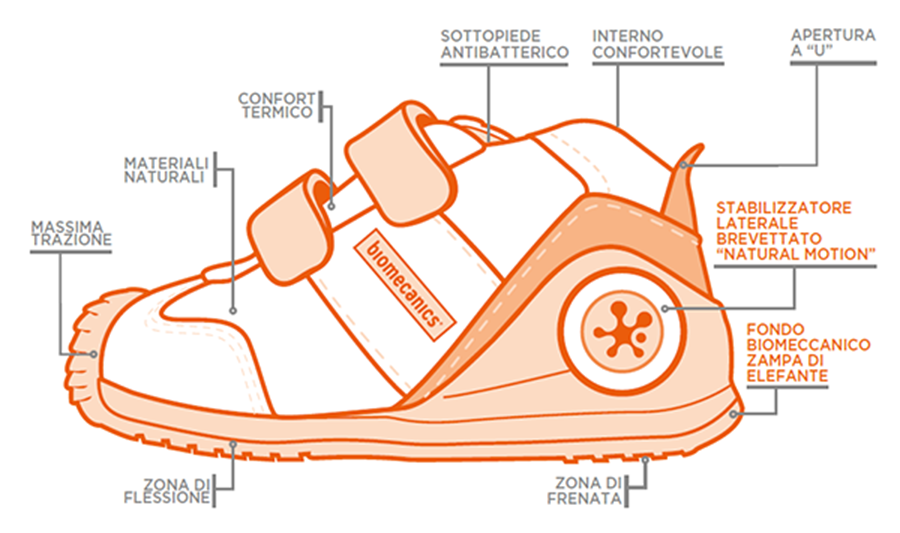 Disegno scarpe primi passi Biomecanics con indicazioni delle caratteristiche tecniche